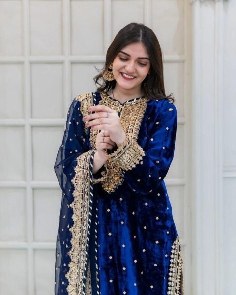 Party Wear Royal Blue Velvet Suit Set with Embroidery Sequence Work Ready To Wear Collection