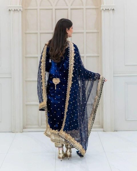 Party Wear Royal Blue Velvet Suit Set with Embroidery Sequence Work Ready To Wear Collection