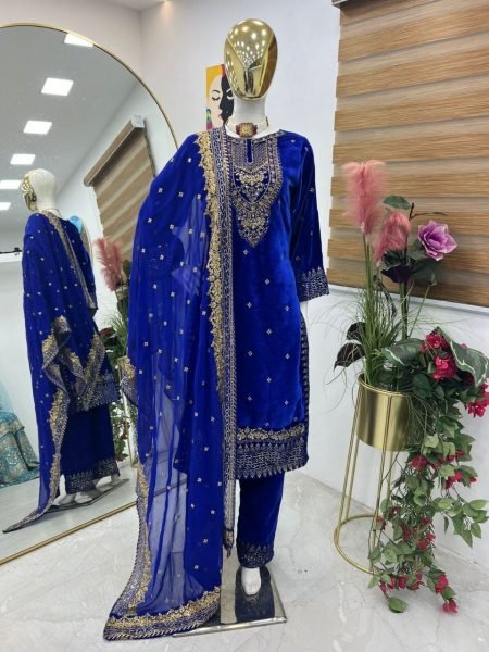 Party Wear Royal Blue Velvet Suit Set with Embroidery Sequence Work Ready To Wear Collection