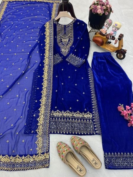 Party Wear Royal Blue Velvet Suit Set with Embroidery Sequence Work Ready To Wear Collection