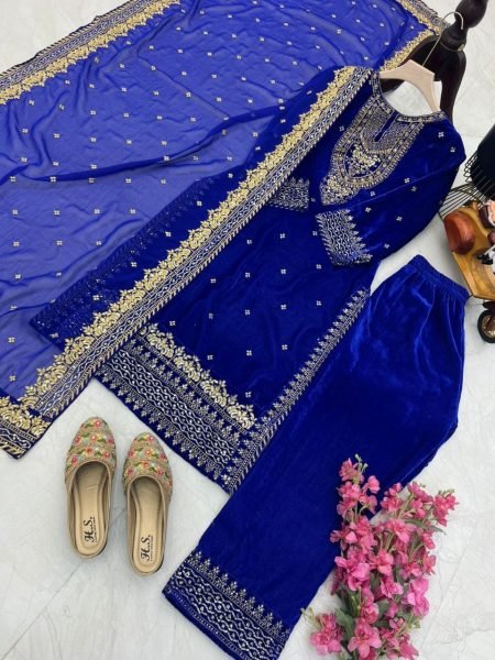 Party Wear Royal Blue Velvet Suit Set with Embroidery Sequence Work Ready To Wear Collection