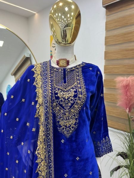 Party Wear Royal Blue Velvet Suit Set with Embroidery Sequence Work Ready To Wear Collection