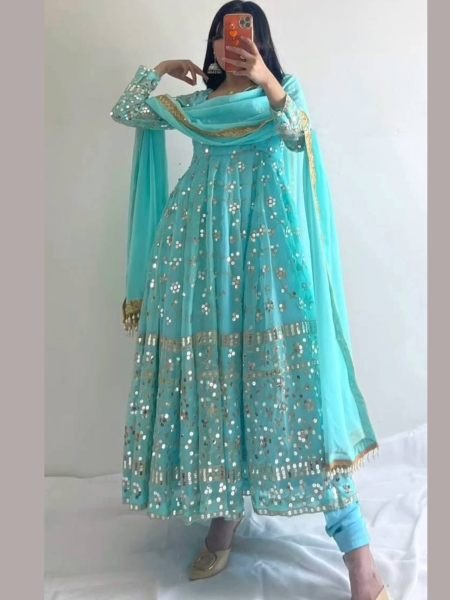 Party Wear Sky Blue Sequence Anarkali Gown  