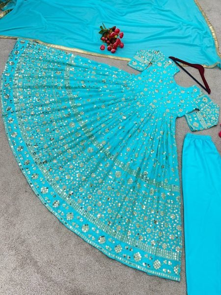 Party Wear Sky Blue Sequence Anarkali Gown  Ready To Wear Collection