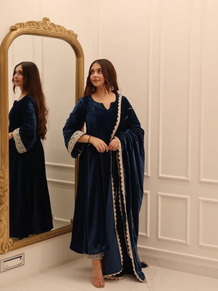 Party Wear Velvet Gown Set with Pant and Embroidered Dupatta Collection Ready To Wear Collection
