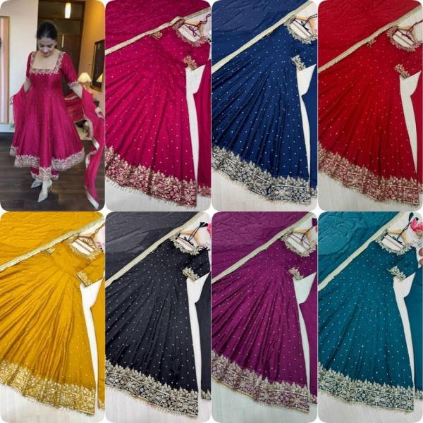 Navy Blue Party Wear Vichitra Silk Anarkali Gown  Dupatta   Pent Plazzo Set with Embroidery   Sequence Work  Ready To Wear Collection
