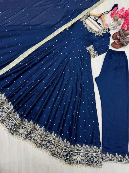 Navy Blue Party Wear Vichitra Silk Anarkali Gown  Dupatta   Pent Plazzo Set with Embroidery   Sequence Work  Ready To Wear Collection