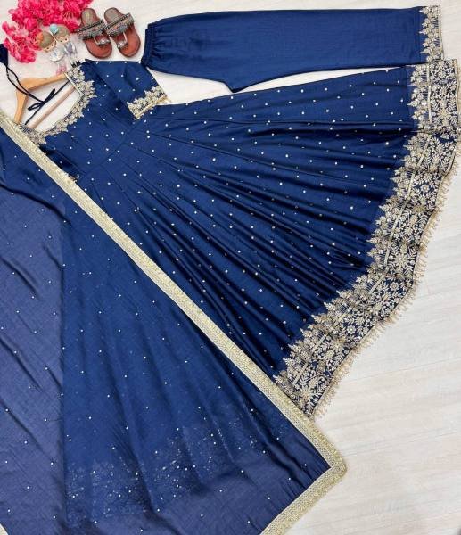 Navy Blue Party Wear Vichitra Silk Anarkali Gown  Dupatta   Pent Plazzo Set with Embroidery   Sequence Work  Ready To Wear Collection