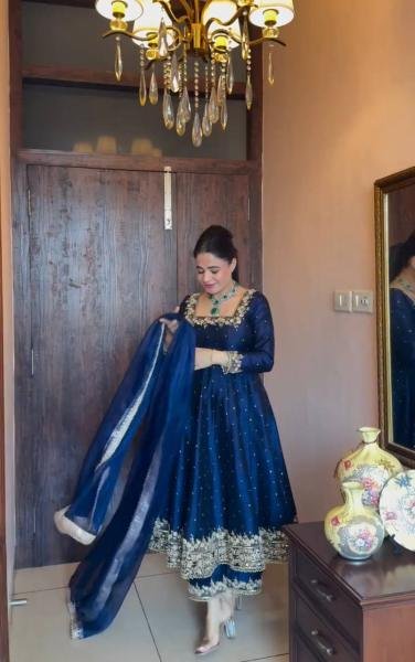 Navy Blue Party Wear Vichitra Silk Anarkali Gown  Dupatta   Pent Plazzo Set with Embroidery   Sequence Work  Ready To Wear Collection