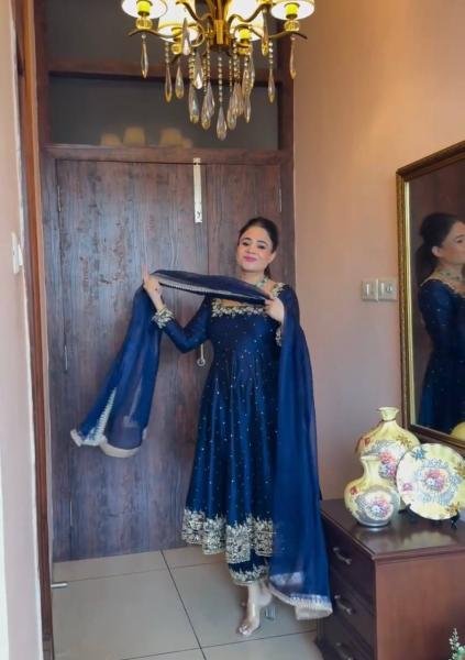 Navy Blue Party Wear Vichitra Silk Anarkali Gown  Dupatta   Pent Plazzo Set with Embroidery   Sequence Work  Ready To Wear Collection