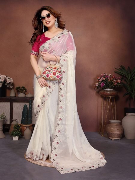 Party Wear White Fendy Chiffon Silk Saree with Embroidery and Banglory Blouse Pure Chiffon Sarees Wholesale