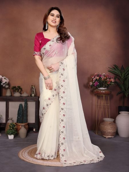 Party Wear White Fendy Chiffon Silk Saree with Embroidery and Banglory Blouse Pure Chiffon Sarees Wholesale