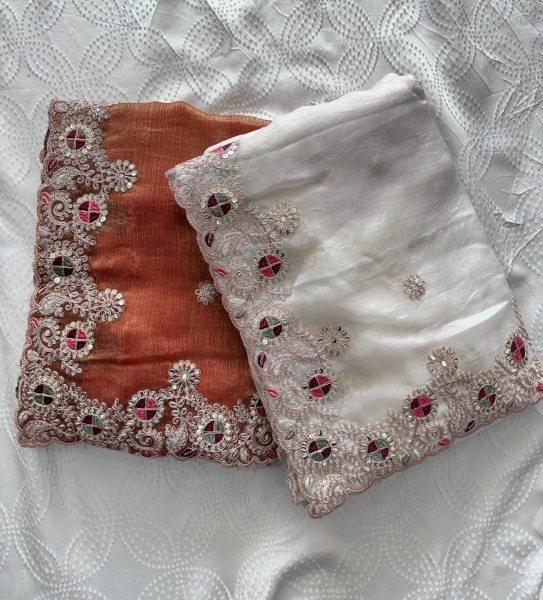 Party Wear White Fendy Chiffon Silk Saree with Embroidery and Banglory Blouse Pure Chiffon Sarees Wholesale