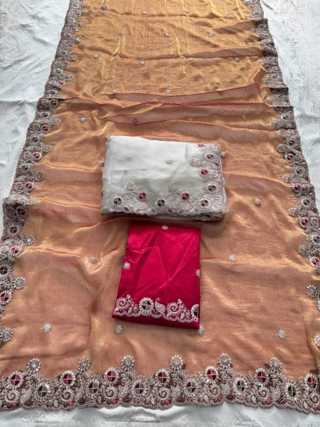 Party Wear White Fendy Chiffon Silk Saree with Embroidery and Banglory Blouse Pure Chiffon Sarees Wholesale