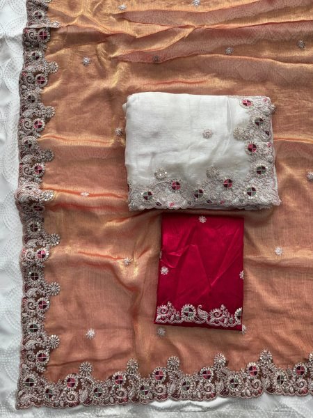 Party Wear White Fendy Chiffon Silk Saree with Embroidery and Banglory Blouse Pure Chiffon Sarees Wholesale