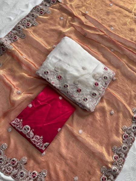 Party Wear White Fendy Chiffon Silk Saree with Embroidery and Banglory Blouse Pure Chiffon Sarees Wholesale