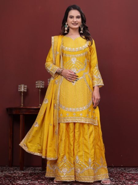 Dazzling Yellow Chinon Sharara Dress with Embroidered Dupatta Ready To Wear Suit