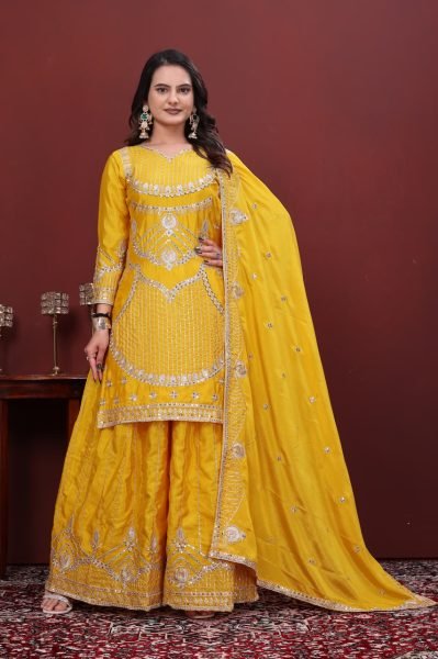 Dazzling Yellow Chinon Sharara Dress with Embroidered Dupatta Ready To Wear Collection