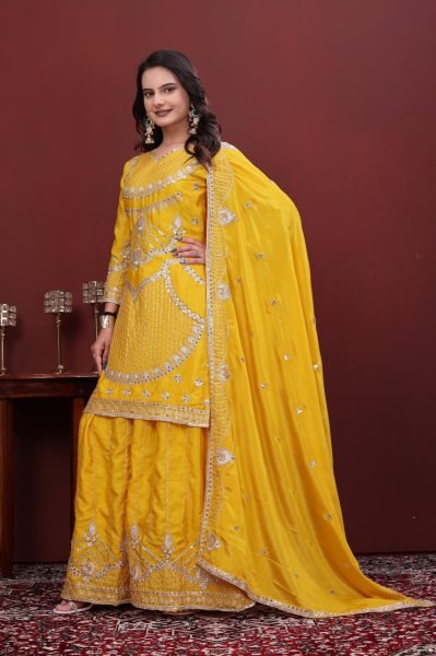 Dazzling Yellow Chinon Sharara Dress with Embroidered Dupatta Ready To Wear Collection