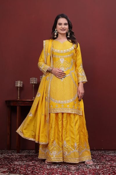 Dazzling Yellow Chinon Sharara Dress with Embroidered Dupatta Ready To Wear Collection