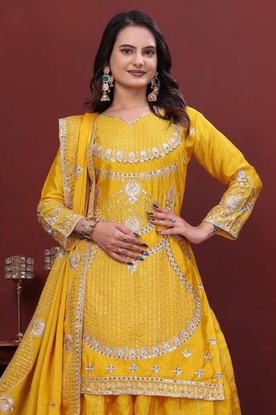 Dazzling Yellow Chinon Sharara Dress with Embroidered Dupatta Ready To Wear Collection