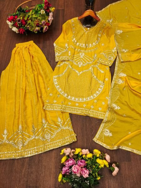 Dazzling Yellow Chinon Sharara Dress with Embroidered Dupatta Ready To Wear Collection