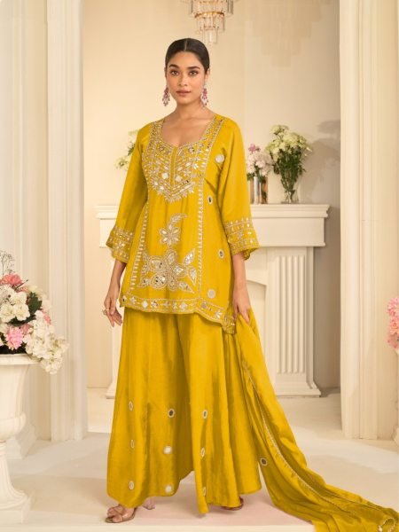 Party Wear Yellow Cosmos Silk Sharara with Real Mirror and Sequins Embroidery at Manufacturer  Designer Plazzo Salwar Suits Wholesale