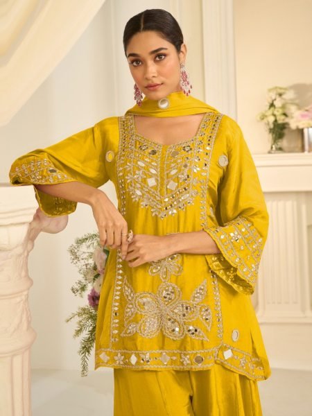 Party Wear Yellow Cosmos Silk Sharara with Real Mirror and Sequins Embroidery at Manufacturer  Designer Plazzo Salwar Suits Wholesale