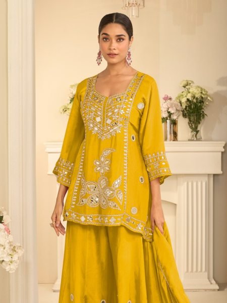 Party Wear Yellow Cosmos Silk Sharara with Real Mirror and Sequins Embroidery at Manufacturer  Designer Plazzo Salwar Suits Wholesale