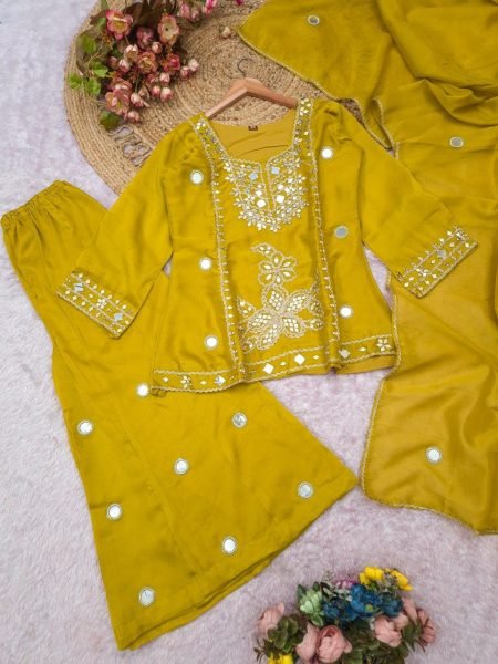 Party Wear Yellow Cosmos Silk Sharara with Real Mirror and Sequins Embroidery at Manufacturer  Designer Plazzo Salwar Suits Wholesale