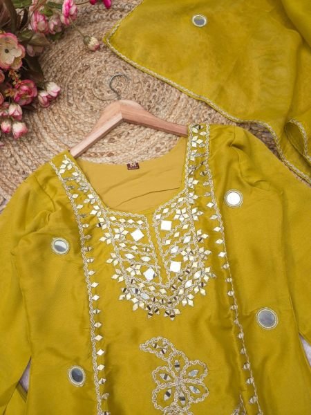 Party Wear Yellow Cosmos Silk Sharara with Real Mirror and Sequins Embroidery at Manufacturer  Designer Plazzo Salwar Suits Wholesale