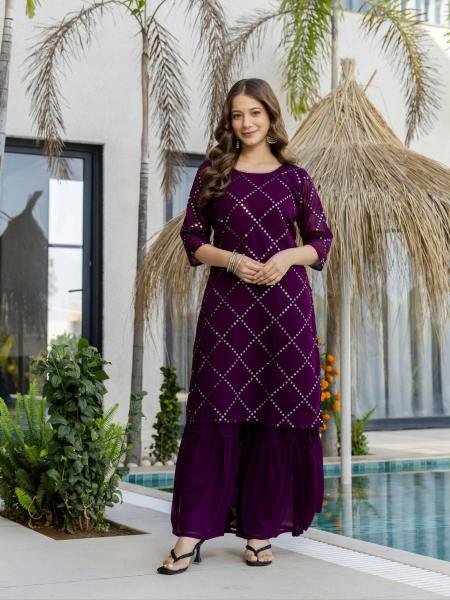 Partywear Dark Purple Georgette Sharara Kurti Set With Three-Quarter Sleeves 