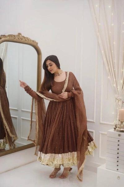 Partywear Faux Georgette Moti Work Gown Set with Dupatta For Women at Manufacturer Price Anarkali Kurtis 