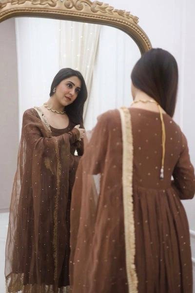 Partywear Faux Georgette Moti Work Gown Set with Dupatta For Women at Manufacturer Price Anarkali Kurtis 