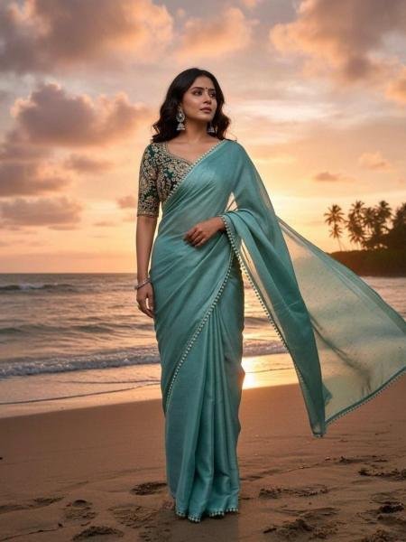 Partywear Moss Chiffon Saree with Chatni Work And Beaded Georgette Blouse Pure Chiffon Sarees Wholesale