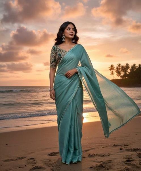 Partywear Moss Chiffon Saree with Chatni Work And Beaded Georgette Blouse Pure Chiffon Sarees Wholesale