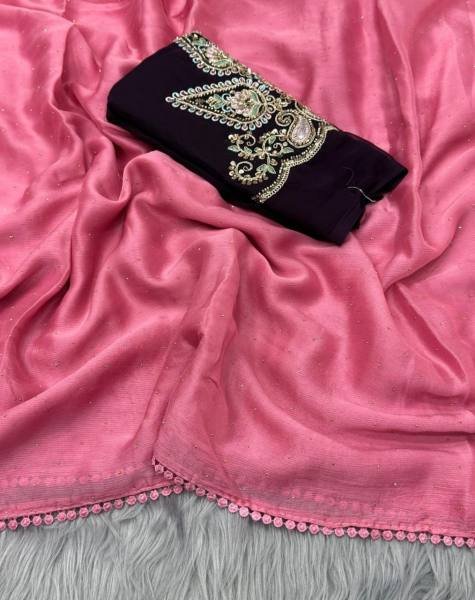 Partywear Moss Chiffon Saree with Chatni Work And Beaded Georgette Blouse Pure Chiffon Sarees Wholesale