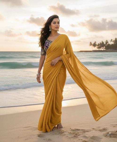 Partywear Moss Chiffon Saree with Chatni Work And Beaded Georgette Blouse Pure Chiffon Sarees Wholesale