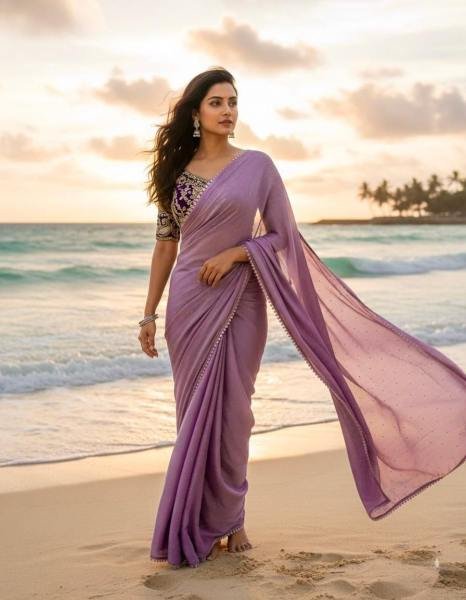 Partywear Moss Chiffon Saree with Chatni Work And Beaded Georgette Blouse Pure Chiffon Sarees Wholesale