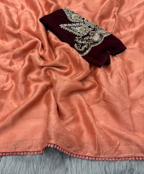 Partywear Moss Chiffon Saree with Chatni Work And Beaded Georgette Blouse Pure Chiffon Sarees Wholesale