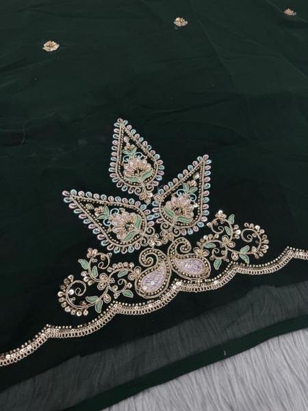 Partywear Moss Chiffon Saree with Chatni Work And Beaded Georgette Blouse Pure Chiffon Sarees Wholesale