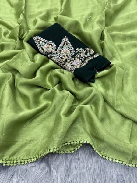 Partywear Moss Chiffon Saree with Chatni Work And Beaded Georgette Blouse Pure Chiffon Sarees Wholesale