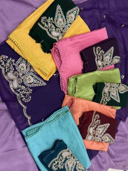 Partywear Moss Chiffon Saree with Chatni Work And Beaded Georgette Blouse Pure Chiffon Sarees Wholesale