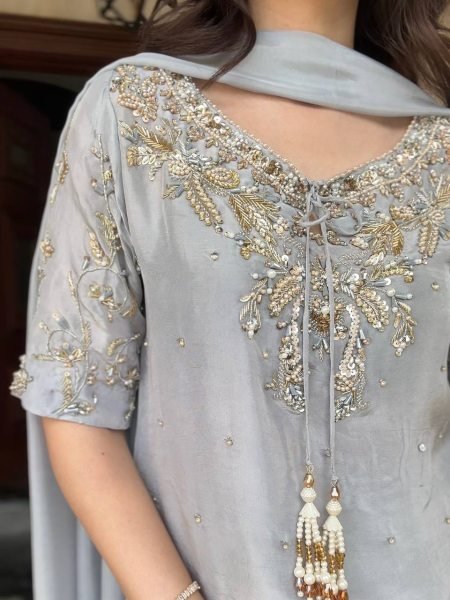 Pure Crepe Farshi Suit with Hand Beading &  Dupatta Festive  & Traditional Wear Ready To Wear Collection