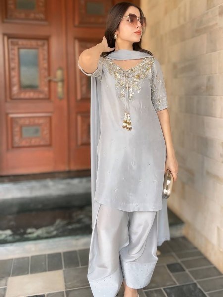 Pure Crepe Farshi Suit with Hand Beading &  Dupatta Festive  & Traditional Wear Ready To Wear Collection