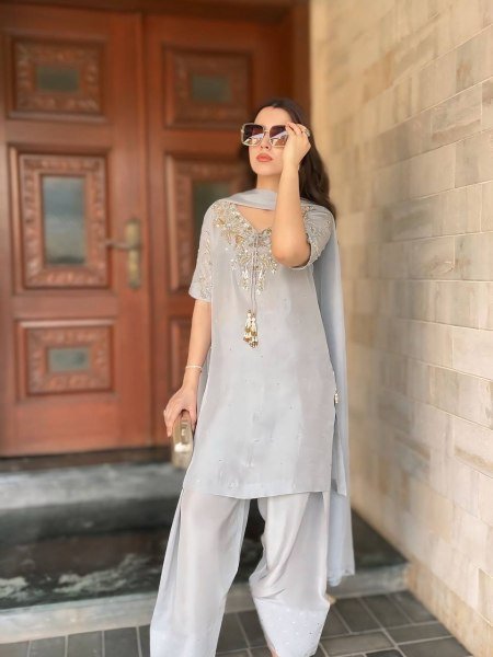 Pure Crepe Farshi Suit with Hand Beading &  Dupatta Festive  & Traditional Wear Ready To Wear Collection