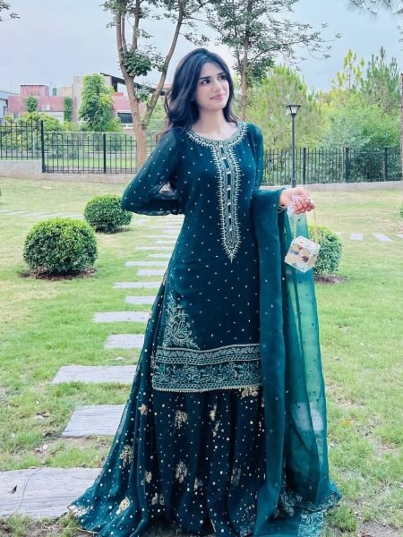 Partywear Royal Set Embroidered Georgette Lehenga Style Suit in Deep Teal Ready To Wear Suit