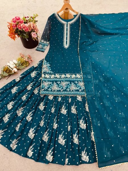 Partywear Royal Set Embroidered Georgette Lehenga Style Suit in Deep Teal Ready To Wear Collection