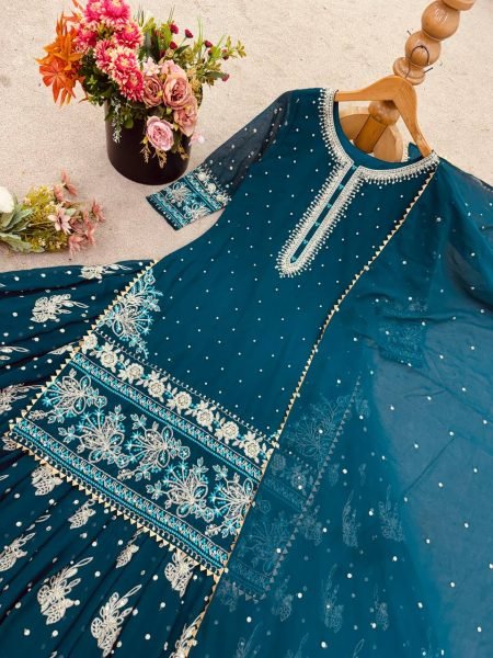 Partywear Royal Set Embroidered Georgette Lehenga Style Suit in Deep Teal Ready To Wear Collection