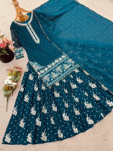 Partywear Royal Set Embroidered Georgette Lehenga Style Suit in Deep Teal Ready To Wear Collection